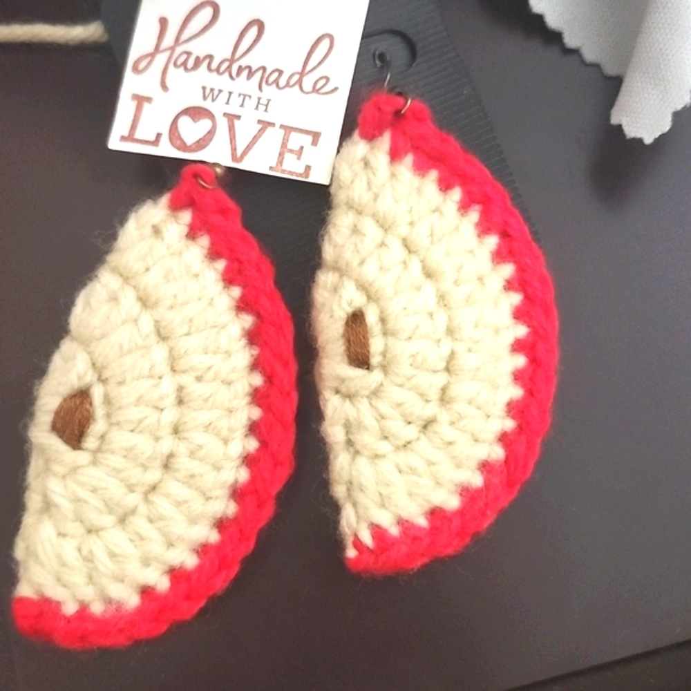 Handmade Crochet Apple Slice Earrings - Red and Cream